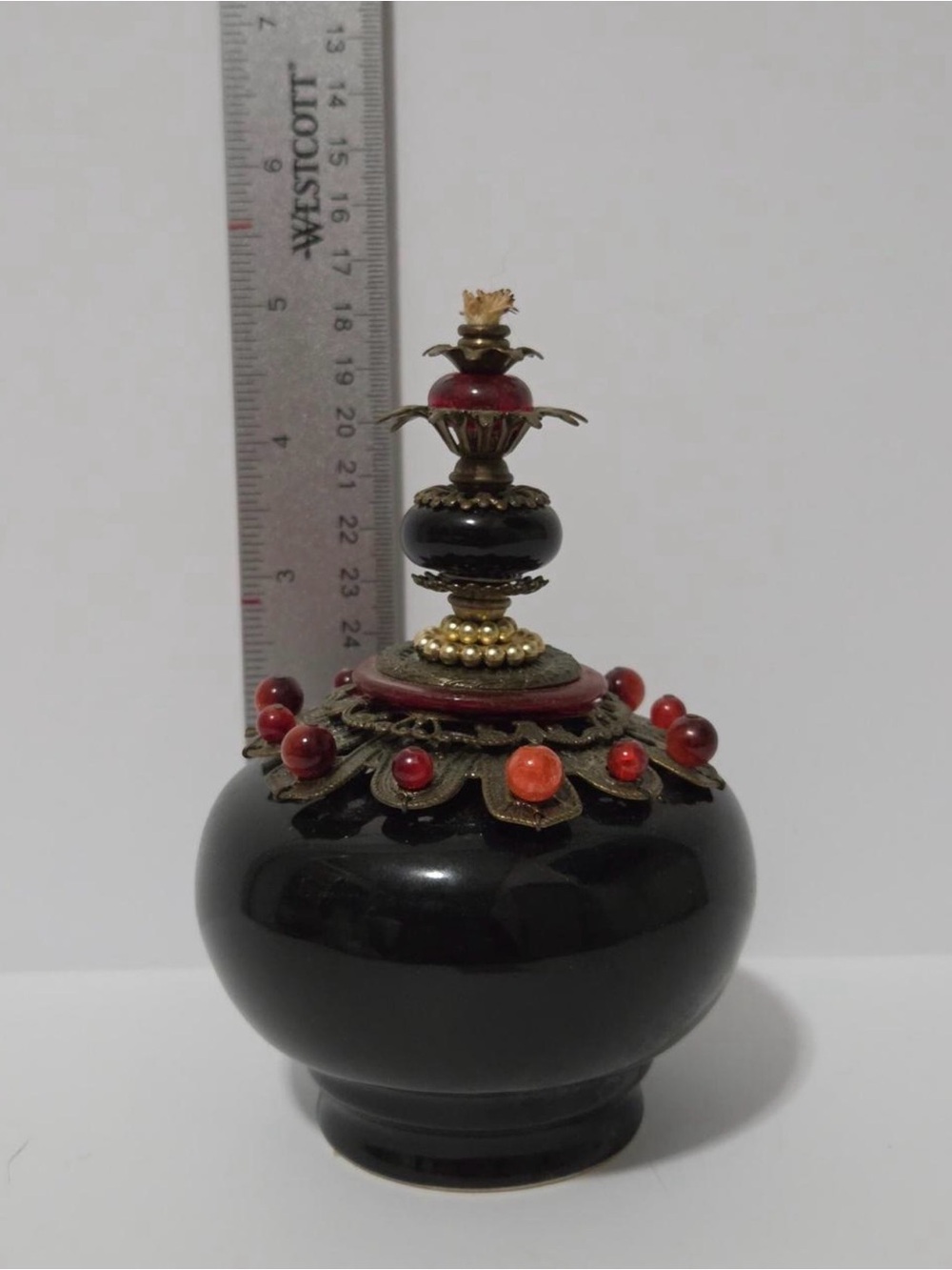 Donachelle Designs Midnight Elegance Oil Lamp Black Ceramic Red Beaded DC-030